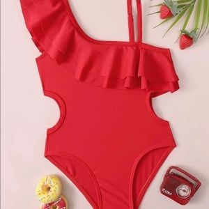Two different BRAND NEW (with hygiene liners) red swim suits girls 6/7.
